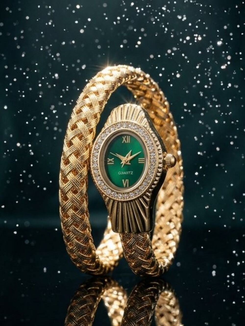 Gold-Tone Bracelet Watch with Green Dial